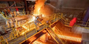 Employees tend to the pig iron caster at the U. S. Steel Gary Works in Indiana. Image: U.S. Steel